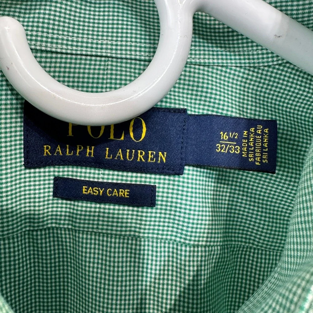 Polo Ralph Lauren Mens  Microcheck Gingham Button  Dress Shirt Green Size 16 1/2